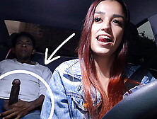 Sleazy delivery driver catches gifted passenger masturbating from booty!