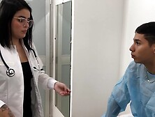 Doctor with massive behind helps her patient with his erection problem - in Spanish