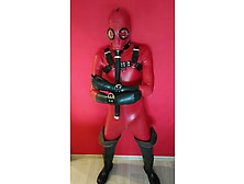 Wanking In Red Latex Rubber Suit And Gas Mask