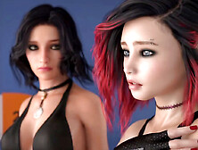 Adult visual novel gameplay featuring busty redhead and hot brunette