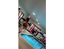 Candid sisters friend in bikini by the pool