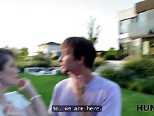 HUNT4K.  Naughty girl is showing her natural tits on the street and cheating on her BF