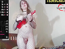 Thin In Fishnet Outfit Toys A Ukulele