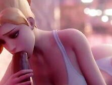 3D cartoon shows blonde chick sucking a massive hard cock