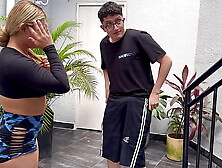 Nerd hubby convinces his MILF Neighbor to be his trainer and fuck outdoors,  then at home they fuck until they end up with jizz i