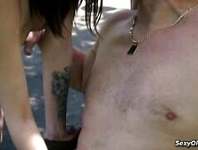 Perky tits teen Charlotte Johnson fucks old neighbor in the backyard outdoor