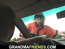 Hairless cunt blond granny double banged for cash