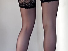 The secretary shows her nylons in shoes and a leather petticoat