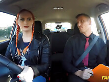 Fake driving school Ginger Big breasts and furry ginger pussy in hot examination bang