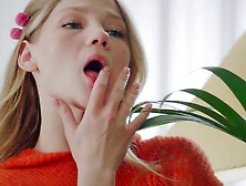 Stunning teen nymph strips down and rubs her wet pussy