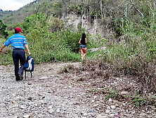 Perverted old man fucks his busty stepdaughter in the jungle outdoors