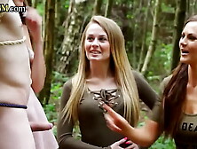 CFNM dominas jerk and lick sub in forest group domination