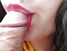 Sensual and detailed blowjob with red lips,  close-up