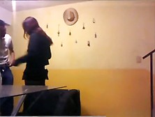 Dude fucks a girl standup doggystyle in the living room