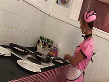 Sexy maids with nice cleavage seduces and get in a group sex while in the kitchen