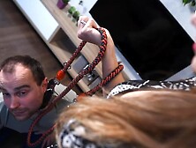 Foot goddess training her slave on a leash (femdom,  foot domination,  high heels,  shoe worship,  feet)