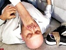 The Cuckold Sniffs Perspired Socks and Perspired Feet And His Wife Kisses Her Lover.  Foot Domination