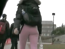 Fitty in tight pink pants walking from the gym street candid ass