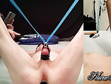 I hang him by his testicles, spanking his ass and cock.