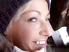 Alluring girl Christine wanks with dildo outdoor in winter