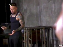 Black babe Vienna Ebony in standing servitude rides dildo and drools over gag ball then coarse anal screwed in b.  slavery in dun