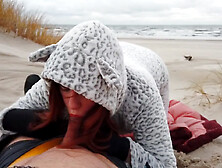 Ginger Redhead Amateur Public Cold Winter Beach Blowjob Cim & Cum Swallow