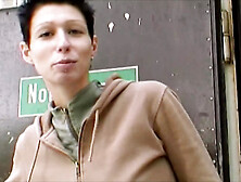 Slender looking German bitch pleasing a fat penis in the warehouse