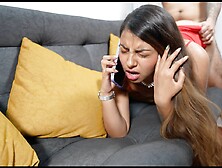 Unfaithful skank talks on the phone with her man while her stud rides her behind hard!