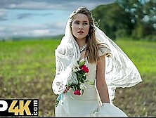 BRIDE4K.  Threesome with sweet youngster bride with natural breasts in the car