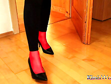 Red Stockings,  High Heels & Black Leggings Tease