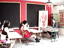 Brunette teen penetrated on the college desk by the teacher