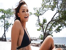 Slim babe in a bikini,  Emma Hix is sucking cock on the beach and getting fucked hard