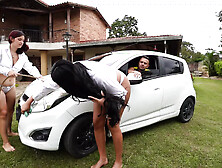 Two Hot Car Washers Wash His Car and End up Fucking Him in a Dirty Threesome