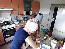 Hot amateur couple having fun in the kitchen.  Sexy mom having breakfast in the bedroom,  hairy pussy,  big tits,  big ass.