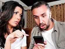 Glamorous brunette Alexa Tomas anally fucked on the leather sofa