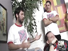 Black babe is about to get gangbanged and to get loads of cum all over her face