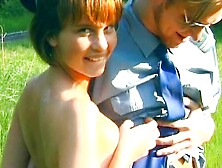 Horny German sluts sharing police officer's cock in nature