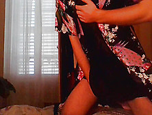 Crossdresser Wearing Satin Robe Masturbating And Ejaculating All Over Satin