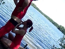 German outdoor sex at the lake with a skinny redhead teen girl