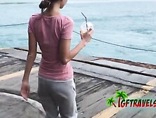 Hot blonde is seduced into outside sex at the beach shower