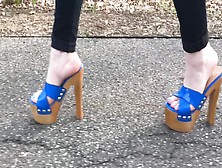 Amateur Babe Wearing Sexy Blue Wedges And Tight Jeans Down Town