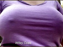 Alluring MILF enormous tit public braless running