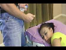 Sexy babe is getting cumshot in face during sleeping