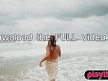 Slender Australian MILF strips naked at the beach and exposes her juicy boobs