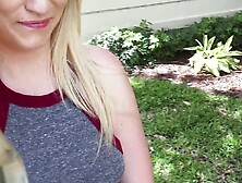 Young blonde flashes tits in public and deepthroats her acquaintance indoors in a POV