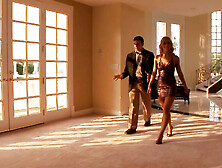 Charming blondie deep throats a horny dude on the staircase