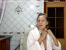 Sexy hostess Lukerya cooks in her robe with all her curves on display