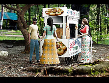 A fresh bitch screwed by a street food snacks shopkeeper (Panipuri stud hammered fresh whore in the jungle)