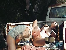 Chubby brunette is fucking horny trucker in the yard