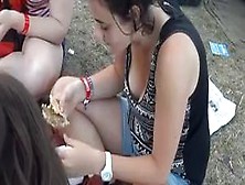 Teen Eating Burger Down Blouse And Cleavage